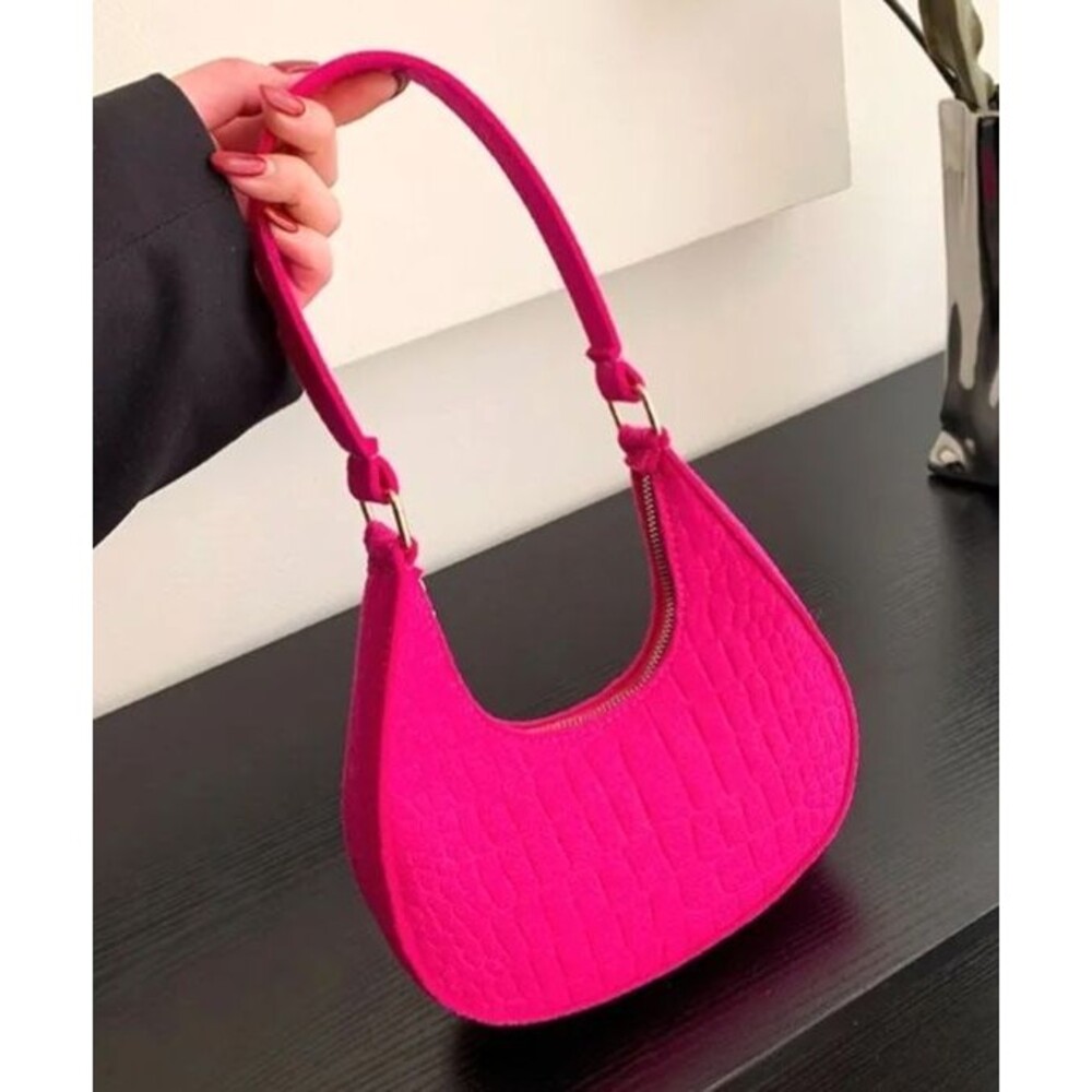 Pink Croc Embossed Felt Crescent Shoulder Bag Gold Hardware Mini Hobo Purse NEW - Picture 6 of 8